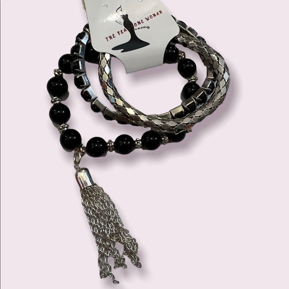 BLACK AND SILVER THREE BRACELET SET